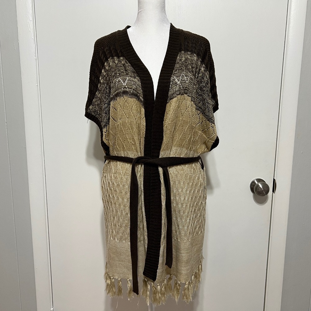 Art and Soul Boho Striped Kimono Cardigan Sweater Fringe Belted‎ Size L Whimsy